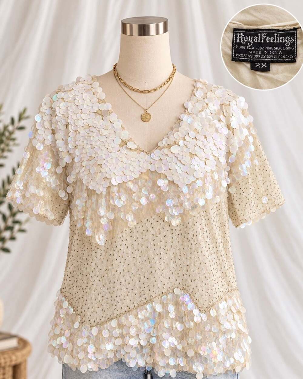 Royal Feelings Silk Sequin Beaded Blouse Vintage 80s 2X Ivory Iridescent